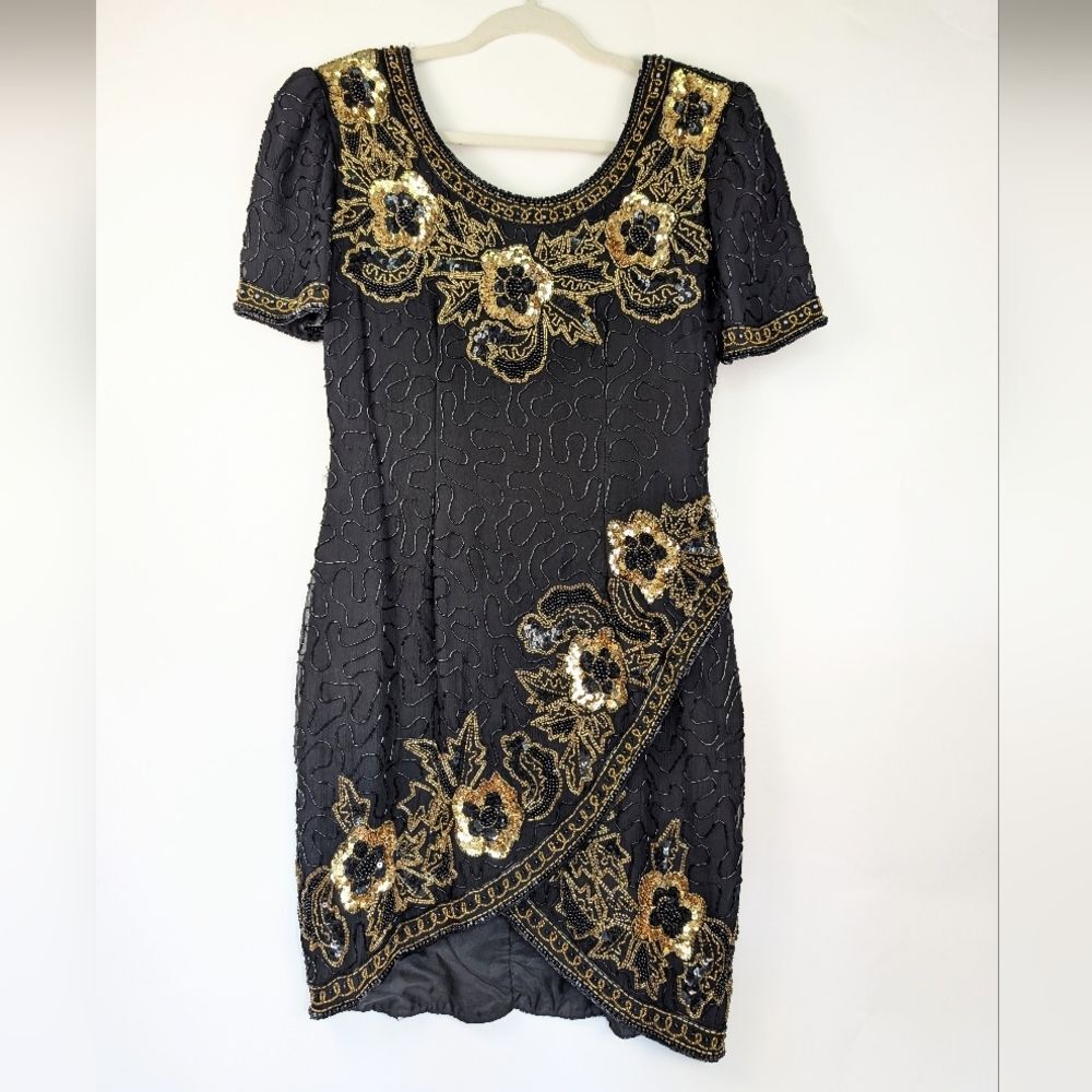 Vintage Stenay Black Silk Beaded Sequin Cocktail Dress – Women's Petite 6 (P6)